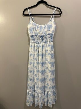 Altar’d State Floral Ruffle Bottom Midi Skirt Size S Off-White and Blue